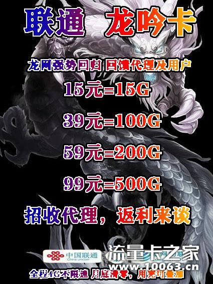 100g龙吟流量卡，返利可谈，多种套餐